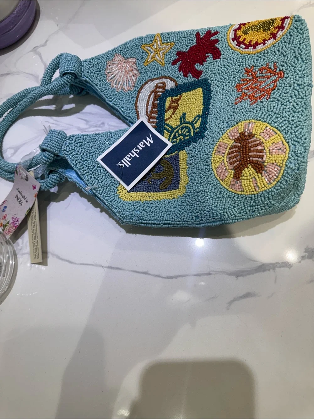 Beaded Ocean Motif Bucket Bag - Light Blue